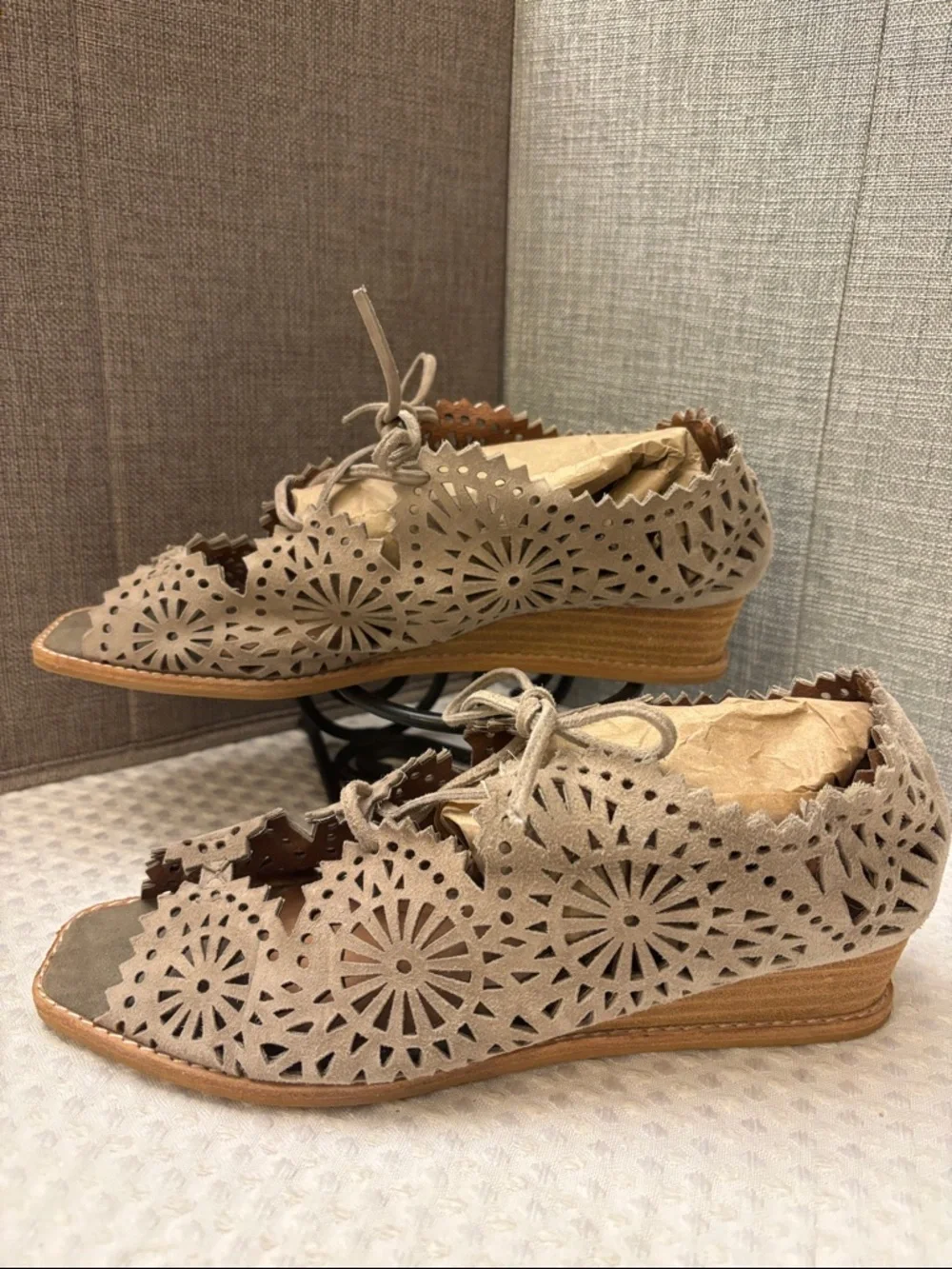 Jeffrey Campbell Espejo 9 Taupe Tan Suede Leather Laser-Cut Lace-Up Wedge Sandal